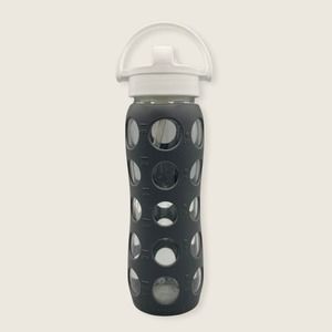 Life Factory Glass Water Bottle in Black Silicone Sleeve Straw Lid 20 oz 600 ml